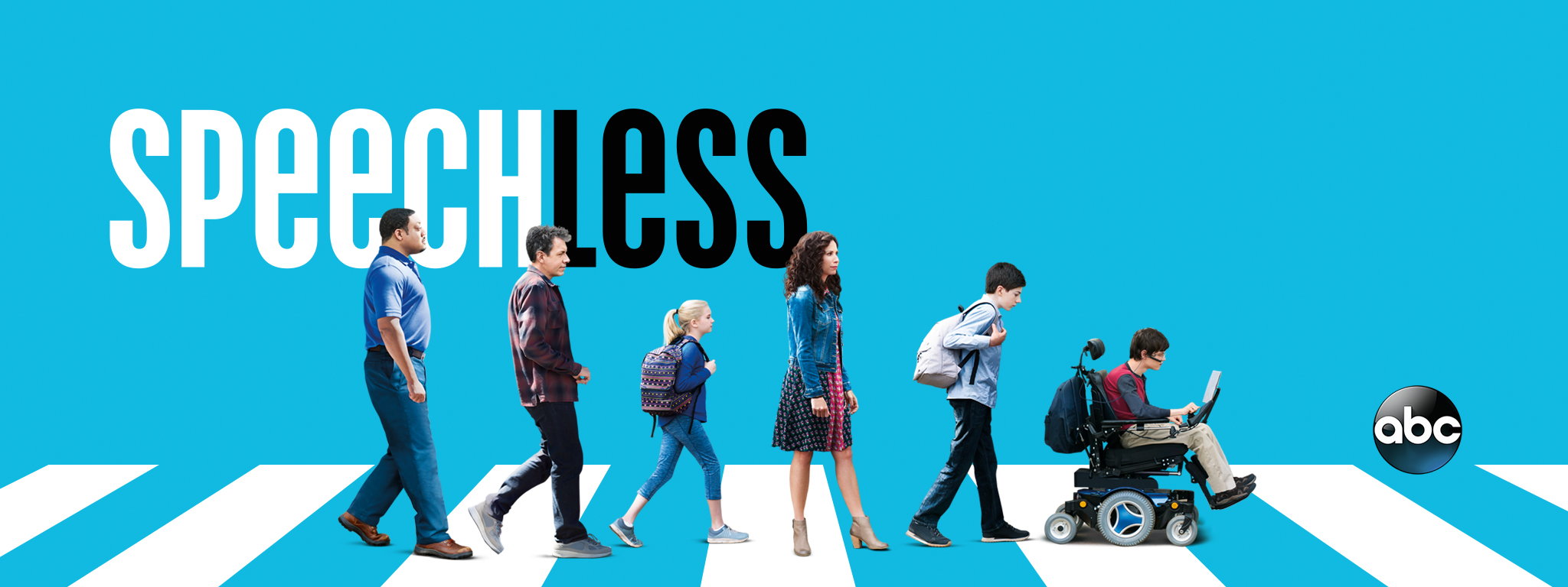 Six people are crossing a crosswalk. The person on the far right is a wheelchair user. The image resembles the Beetles iconic Abbey Road cover. The word "Speechless" is displayed at the top right. 